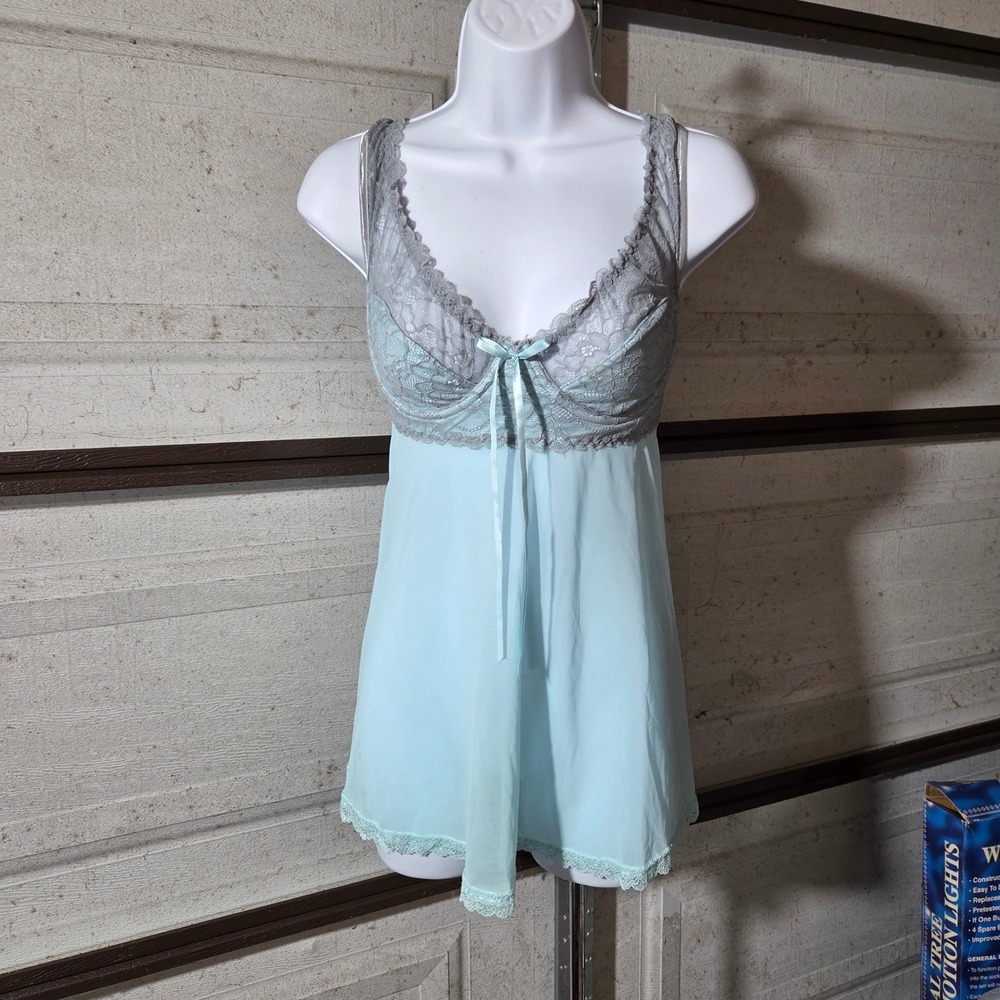 Coquette Blue‎ Mesh and Grey Lace Babydoll Chemise Set with Panties Large
